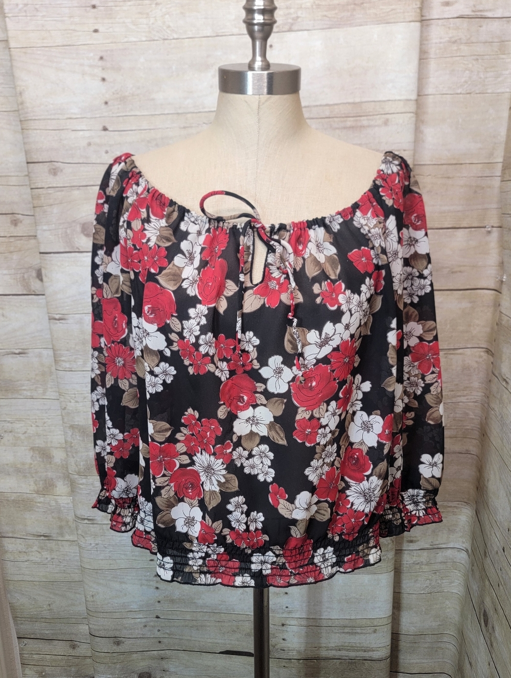 I.N. Studio Black Off-Shoulder Blouse with Red and Cream Floral Print